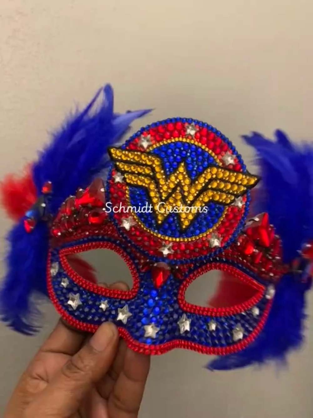 Wonder Woman Inspired Blue & Red Feathered Masquerade Mask -